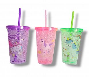 VASO ACRILICO REFRIGERANTE CON TAPA Y SORBETE MOTICO UNICORNIO