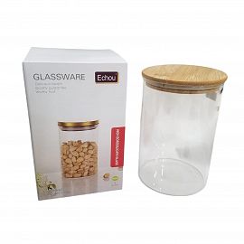 FRASCO VIDRIO 1000ML CON TAPA SIMIL MADERA EN CAJA